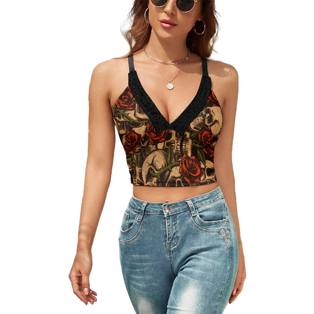 Bronze Skulls And Roses V-Neck Slim Fit Camisole Top