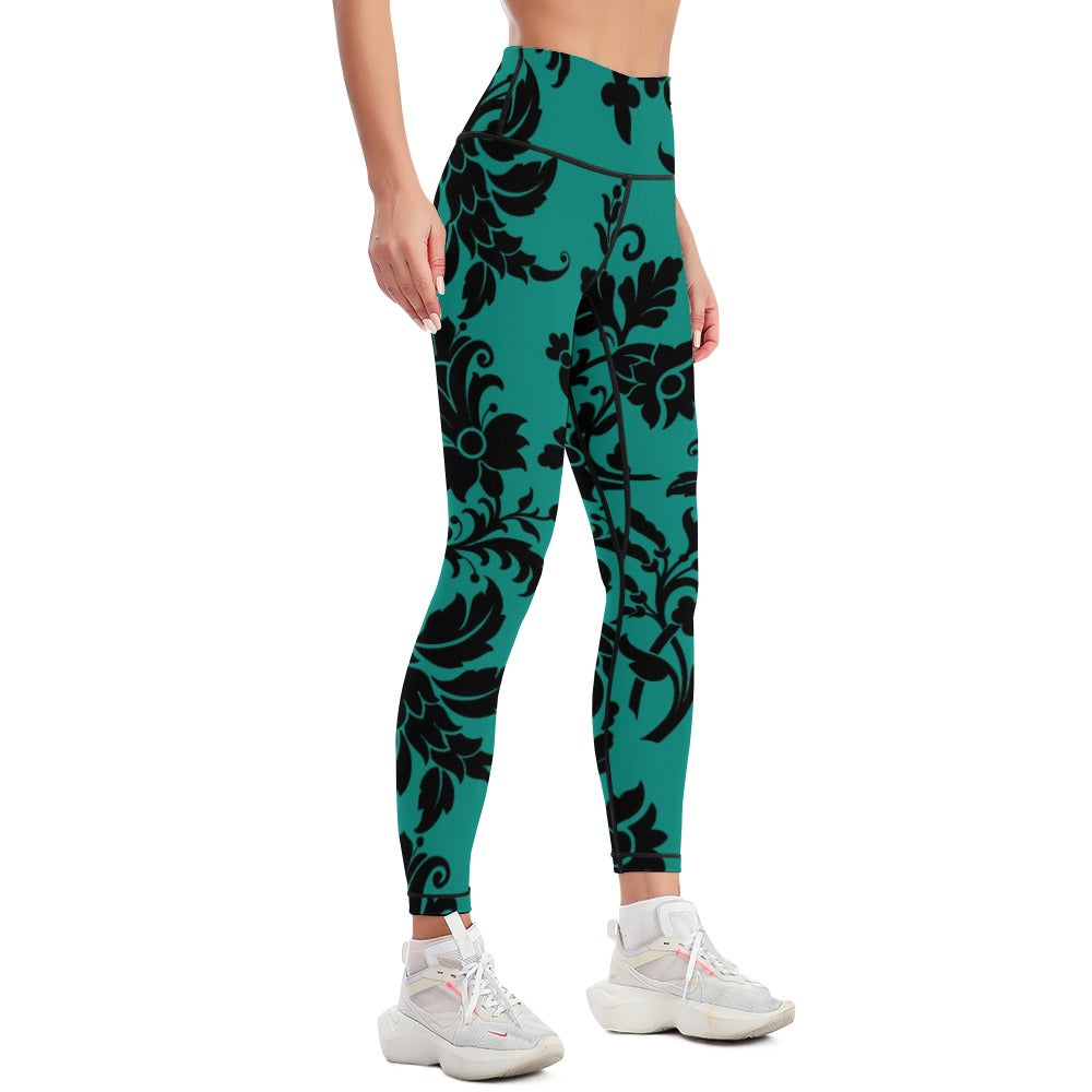 Black Flowers On Teal Yoga Pants