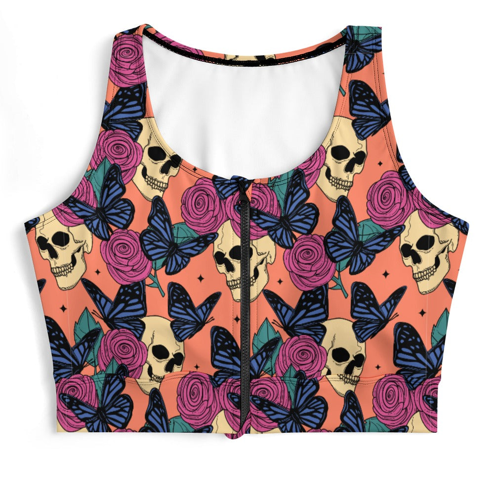 Skulls Flowers And Butterflies Yoga Zipper Vest