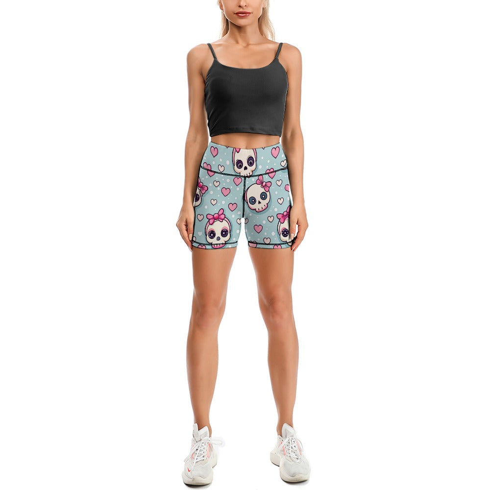 Cute Skulls With Bows Skinny Yoga Shorts