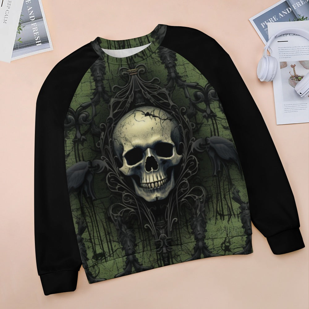 Gothic Green And Black Skull Raglan Round Neck Sweater