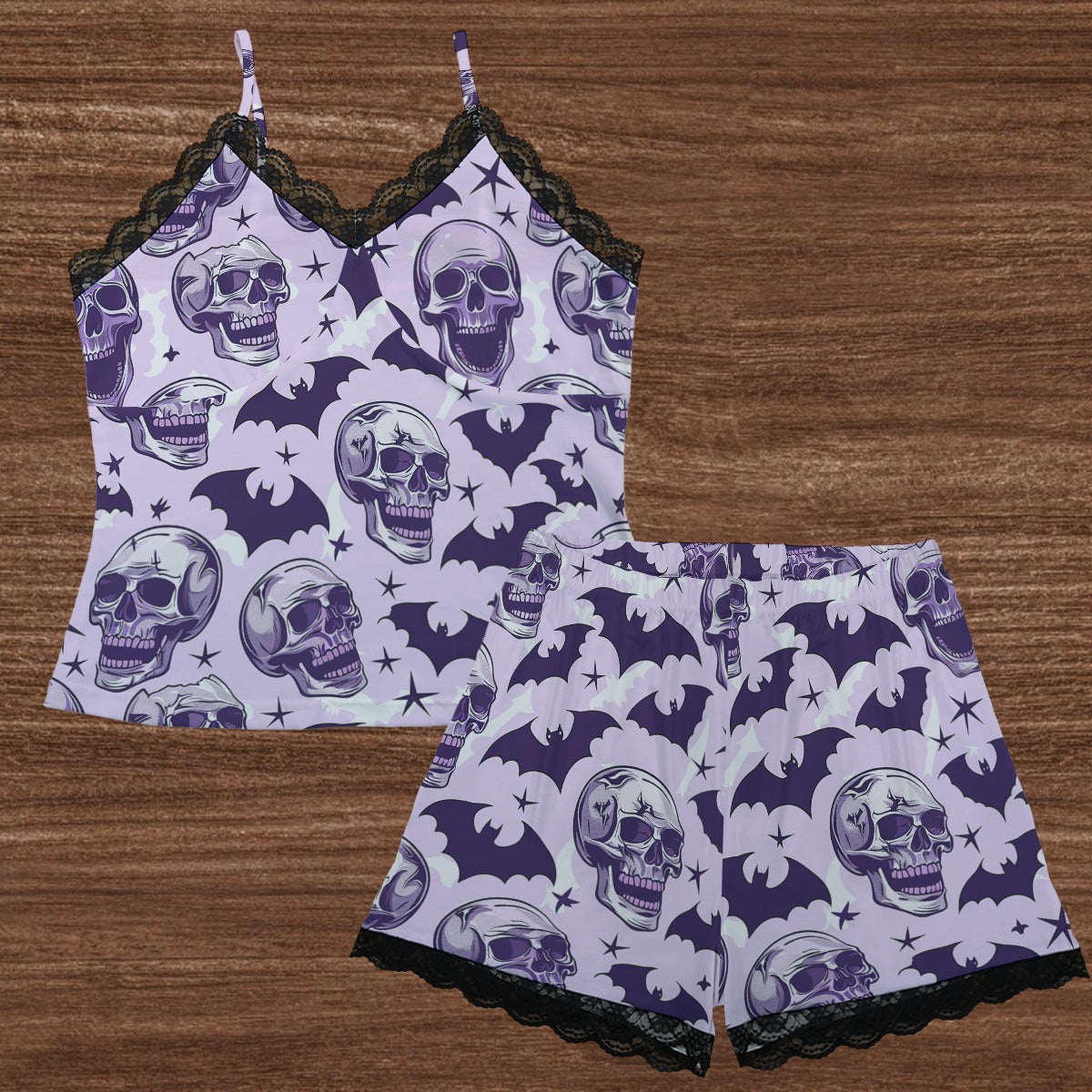 Laughing Skulls And Bats Cami Home Suit With Lace Edge