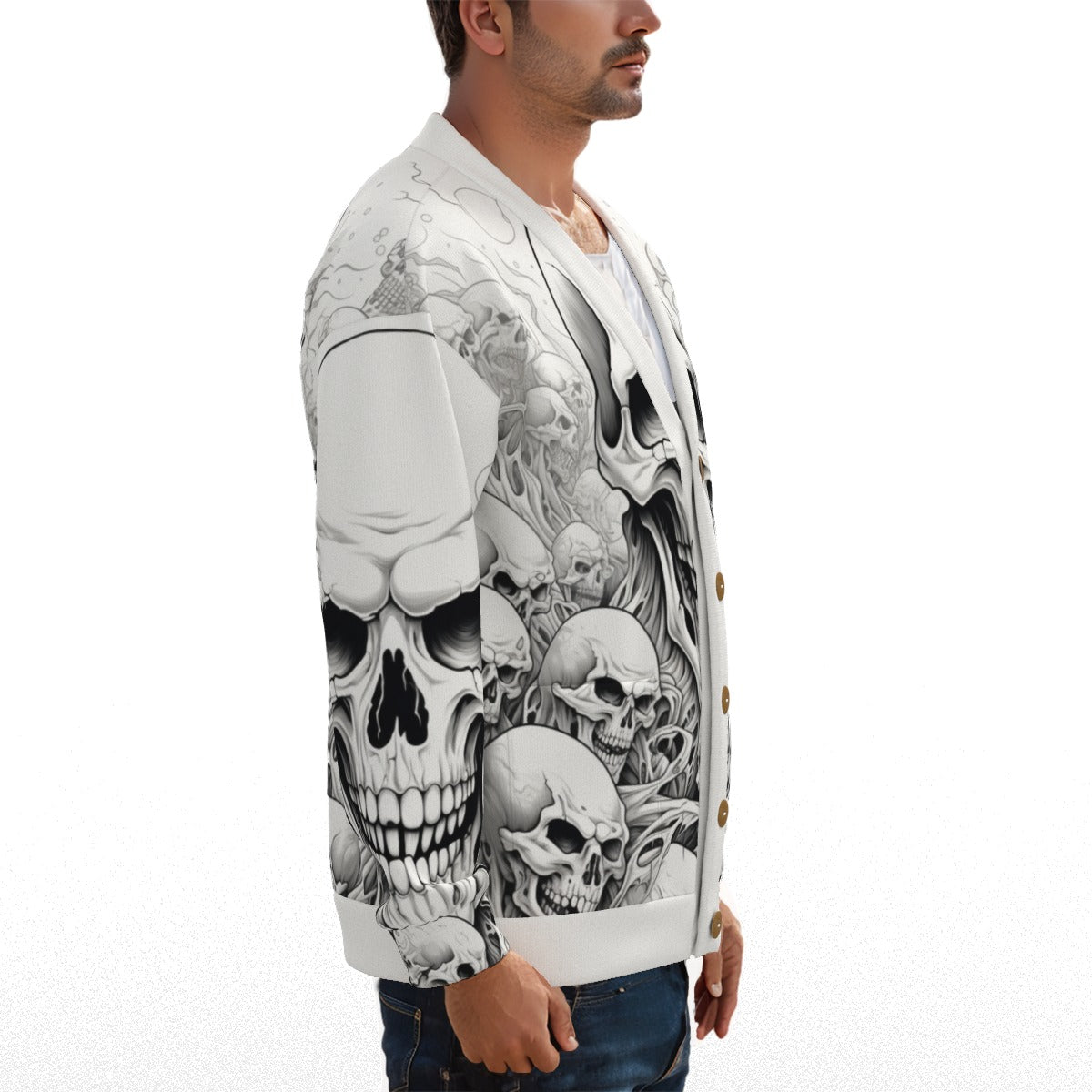 Skull Sketch V-neck Knitted Fleece Cardigan With Button Closure