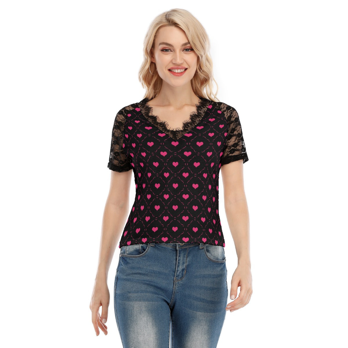Little Pink Hearts V-neck T-shirt With Lace