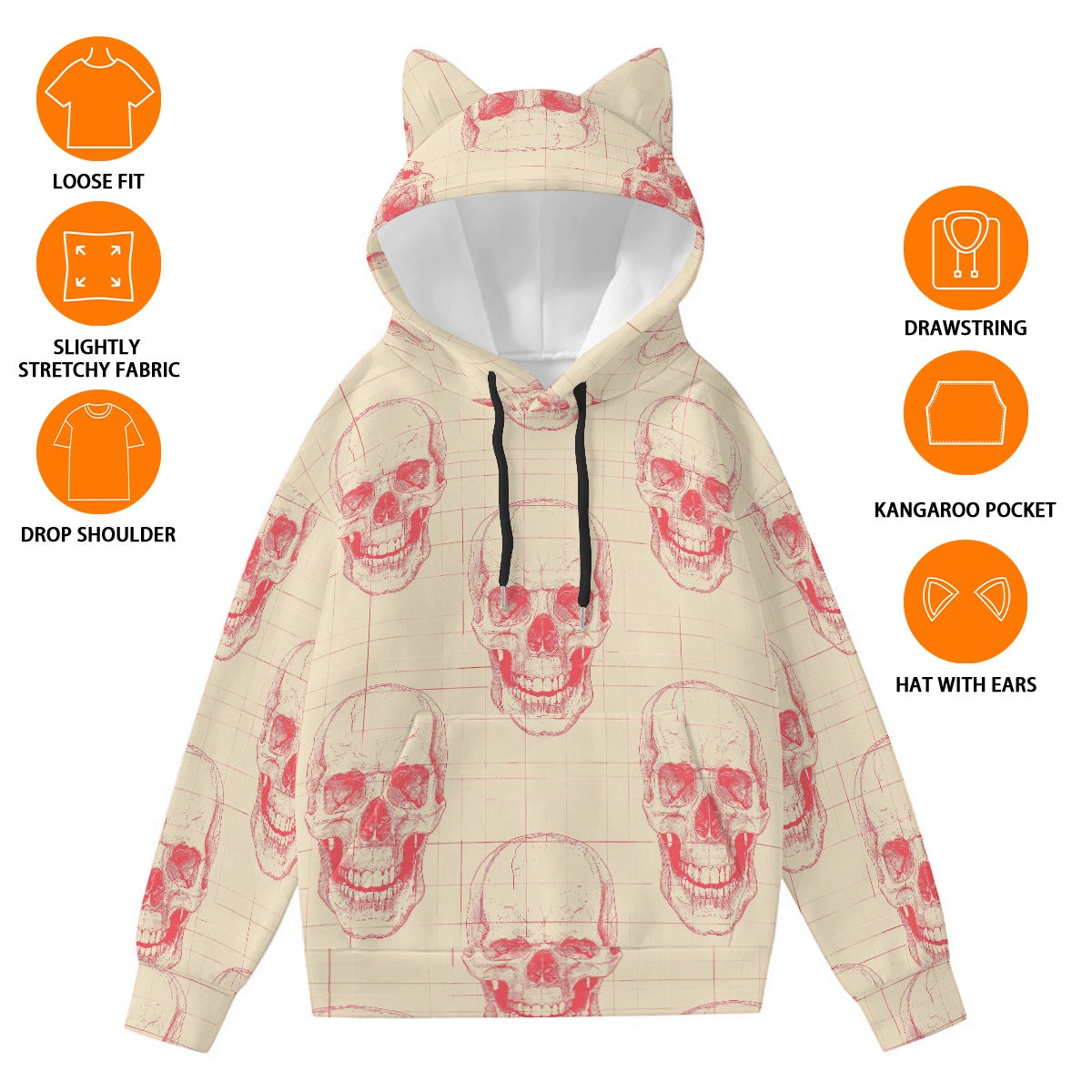 Peachy Skulls Hoodie With Cat Ears