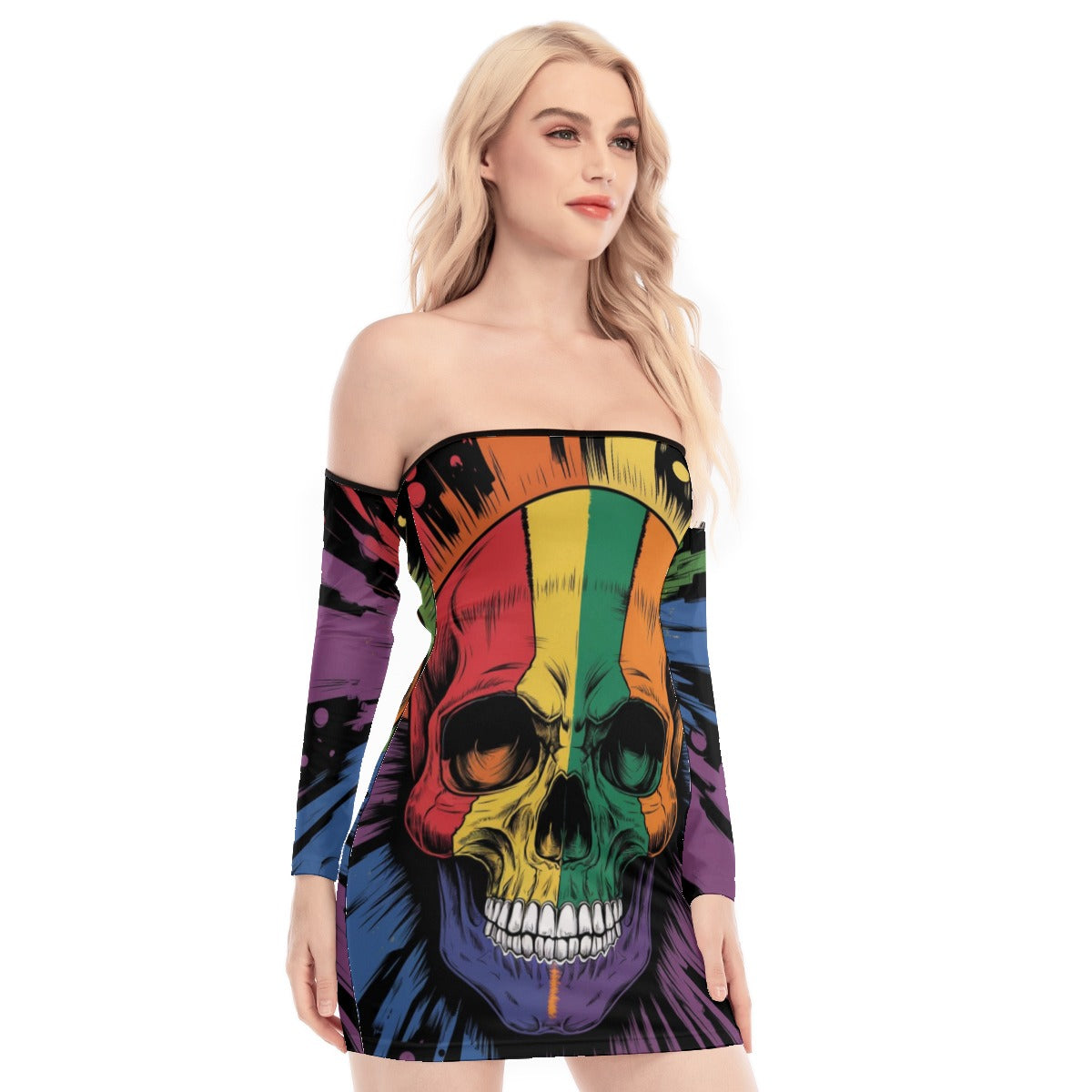 Rainbow Pride Skull Off-shoulder Back Lace-up Dress