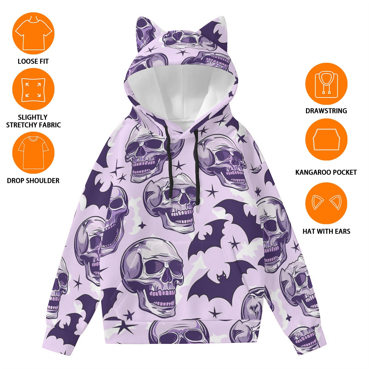 Laughing Skulls And Bat Hoodie With Cat Ears