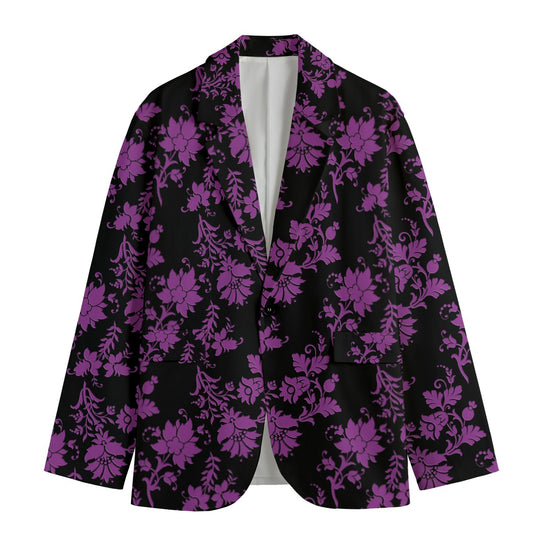 Gothic Purple Flowers Casual Flat Lapel Collar Blazer