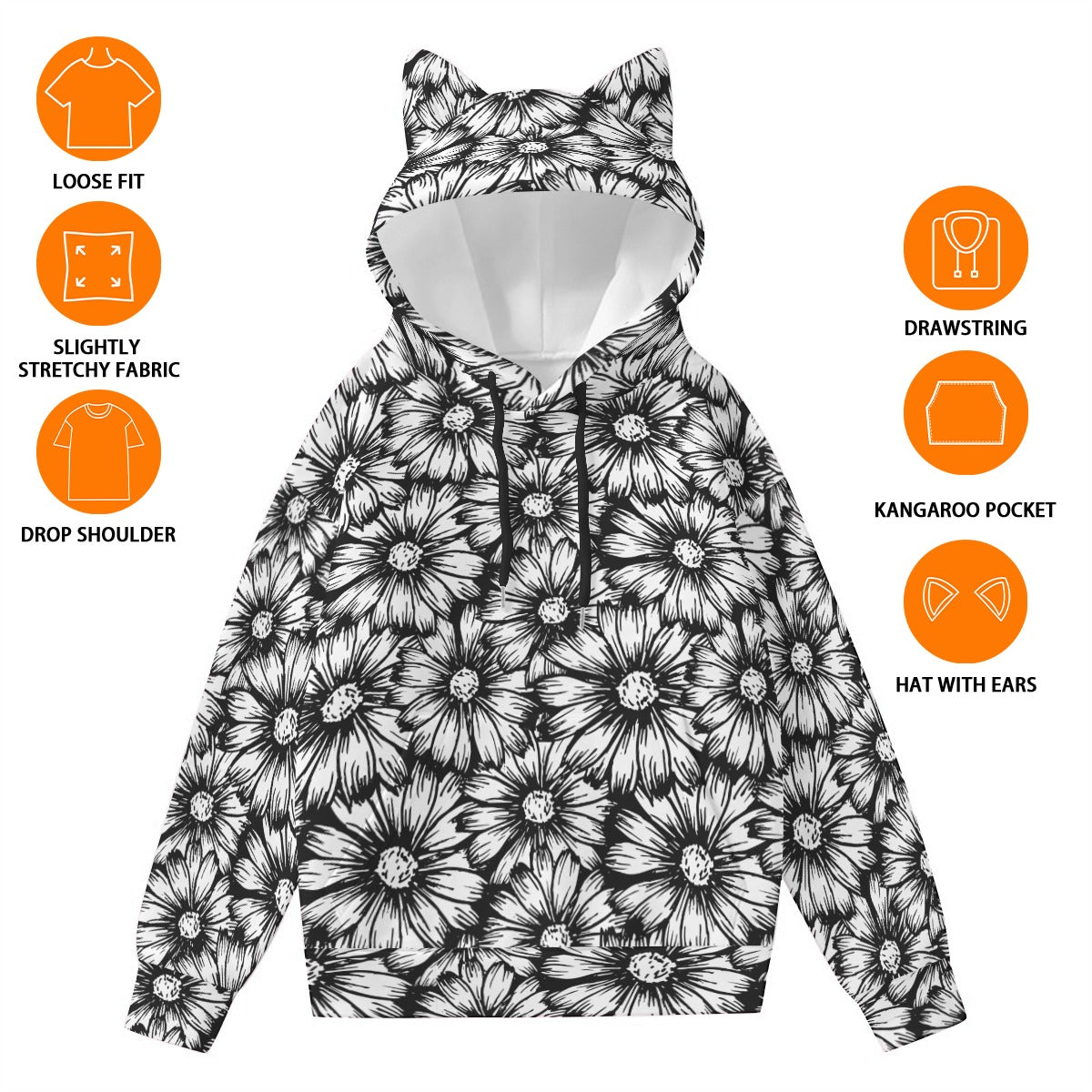 Black Sunflowers Hoodie With Cat Ears