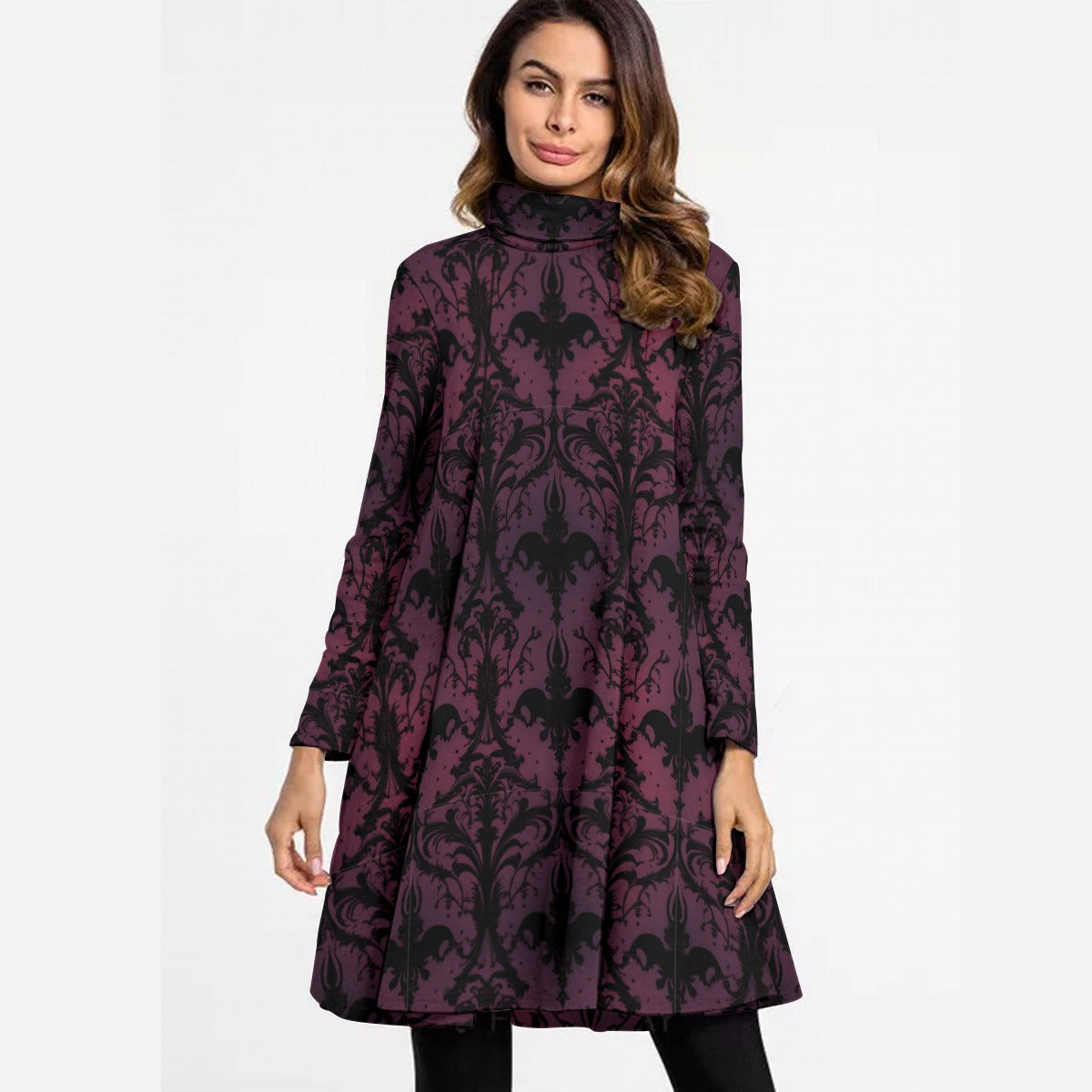 Gothic Purple And Black High Neck Dress With Long Sleeve