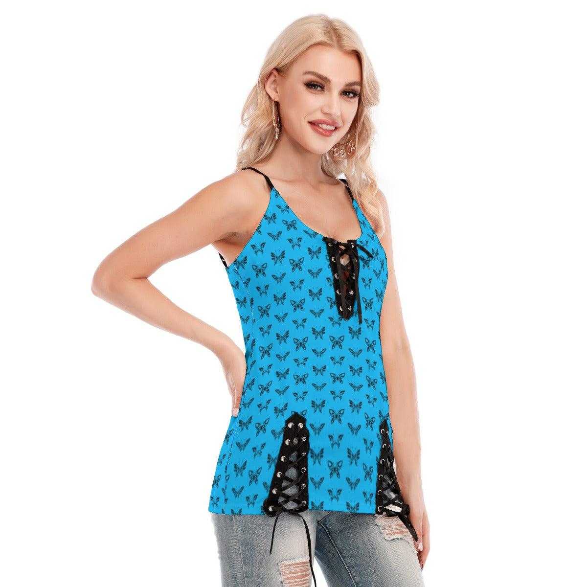 Ink Butterflies V-neck Eyelet Lace-up Cami Top