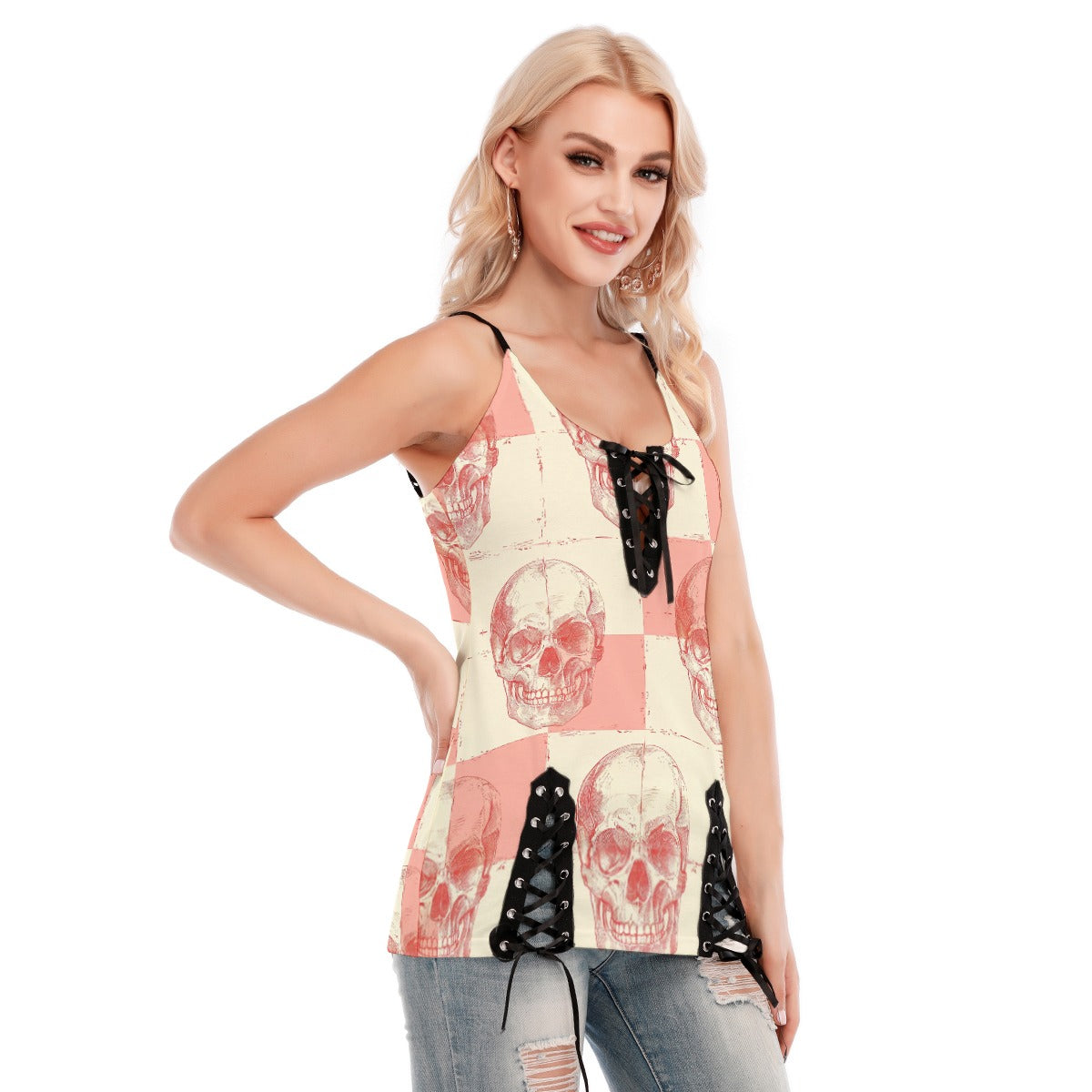 Peach Skull Checkers V-neck Eyelet Lace-up Cami Top