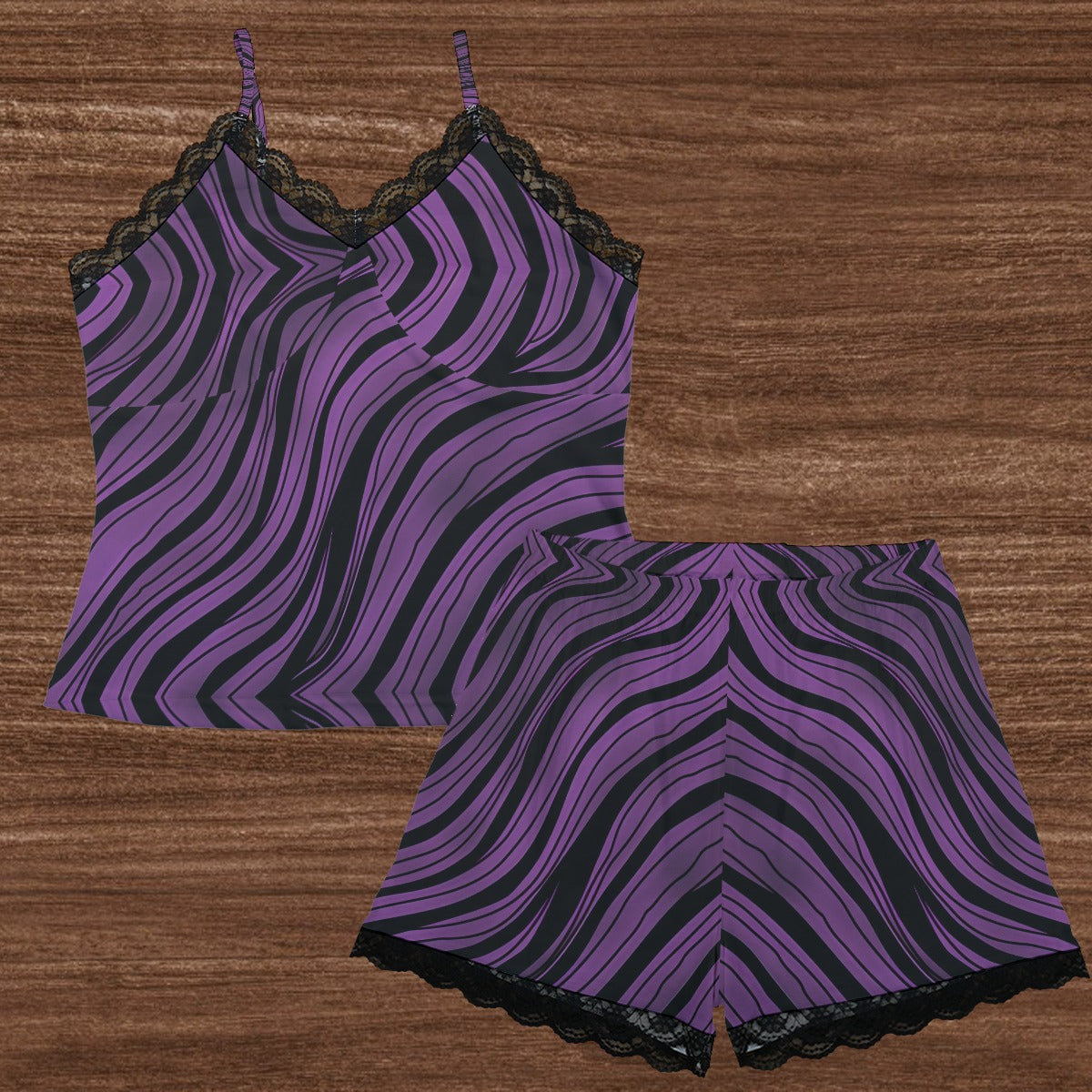 Purple And Black Stripes Cami Home Suit With Lace Edge