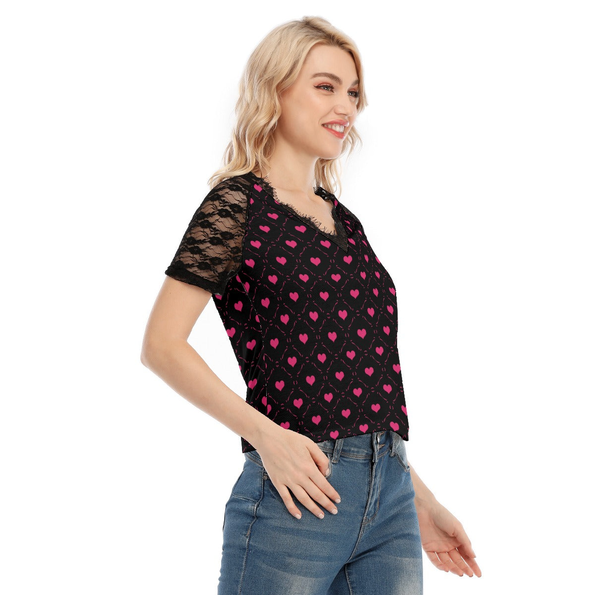 Little Pink Hearts V-neck T-shirt With Lace