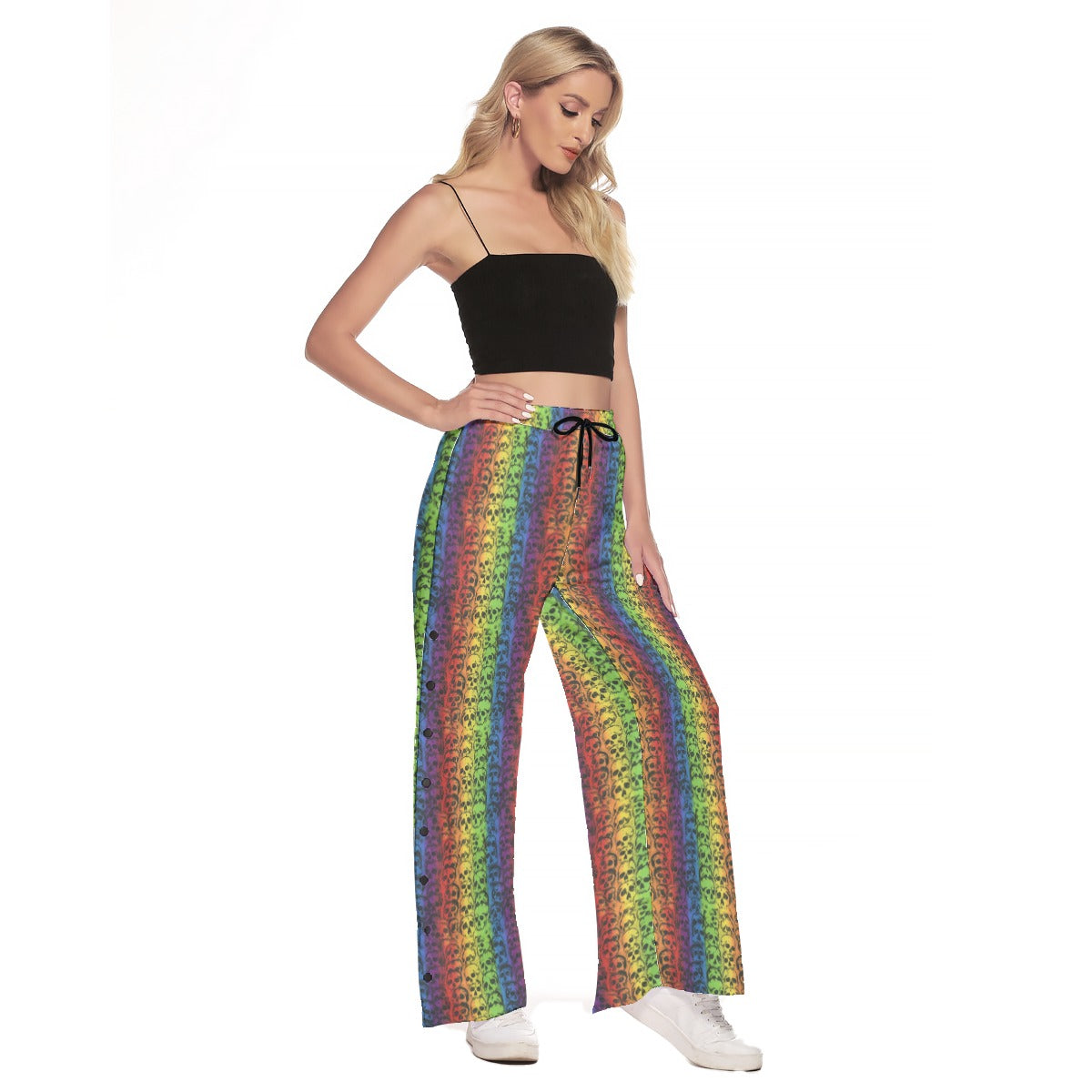 Rainbow Skulls Side Slit Snap Button Pants