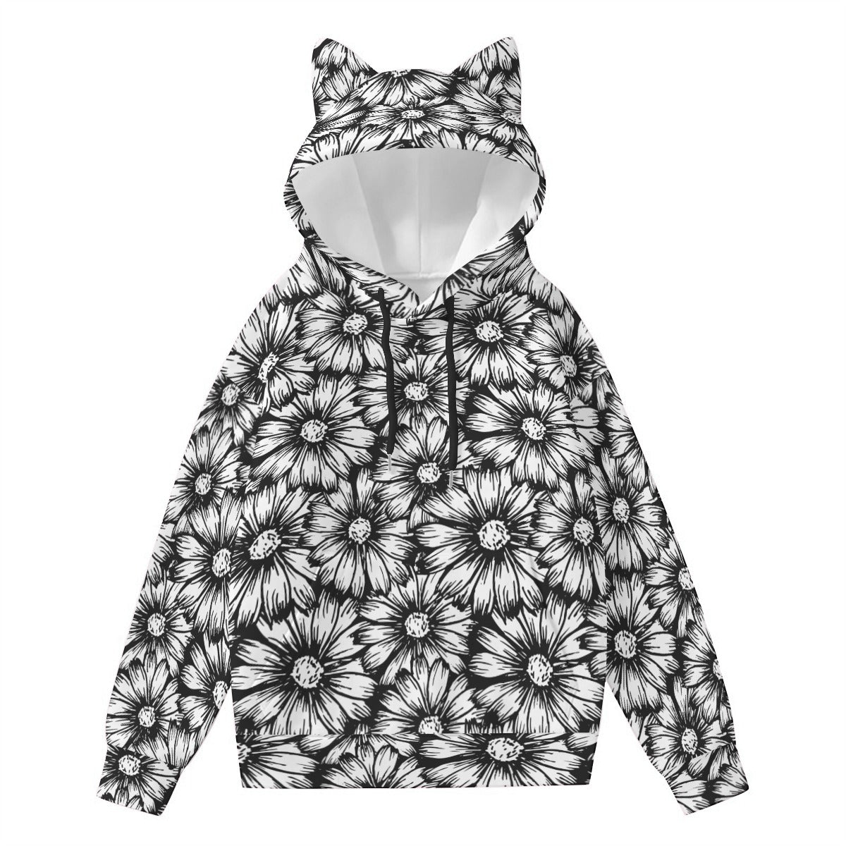 Black Sunflowers Hoodie With Cat Ears