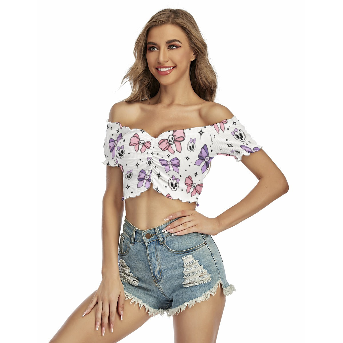 Cute Skulls And Bows Off The Navel Short Sleeve Shirt