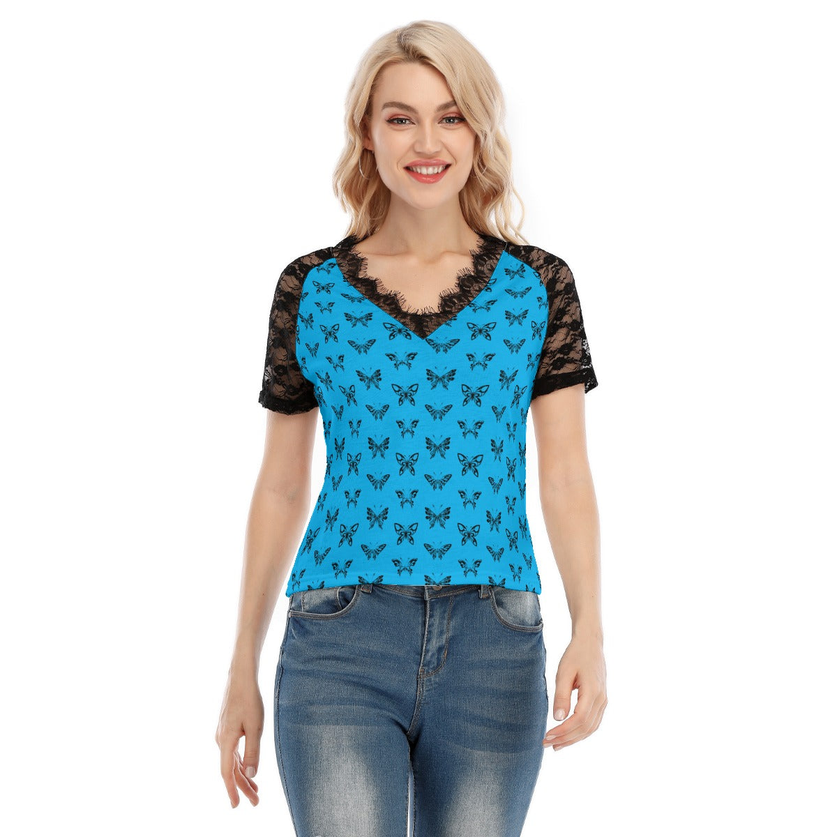 Ink Butterflies V-neck T-shirt With Lace