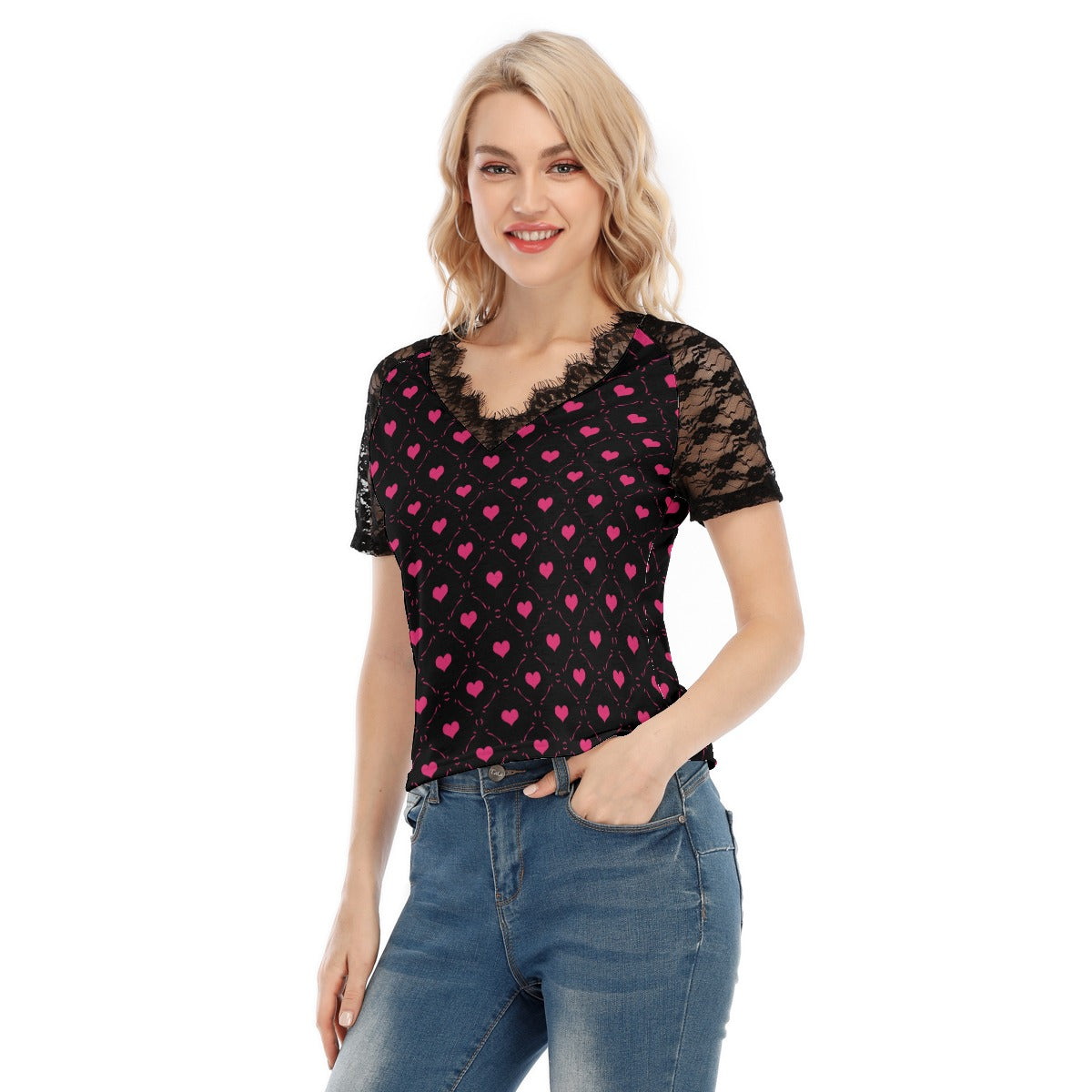 Little Pink Hearts V-neck T-shirt With Lace
