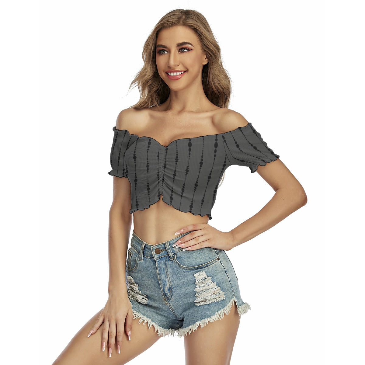 Gray And Black Women's Off The shoulder Short Sleeve Shirt