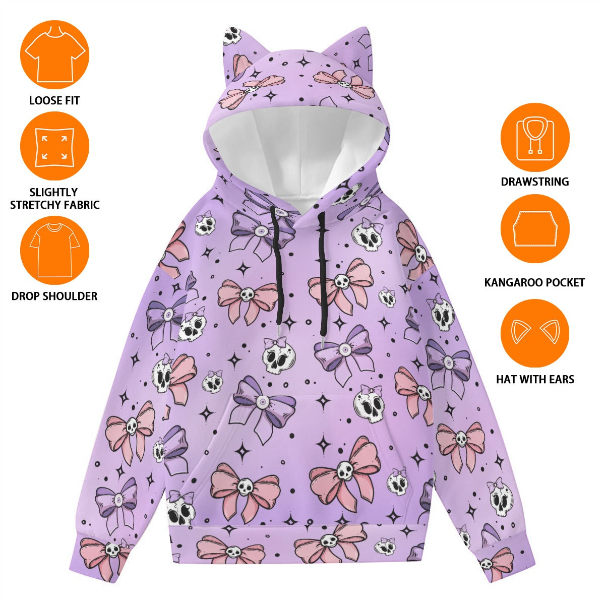 Cute Bows And Skulls Hoodie With Cat Ears