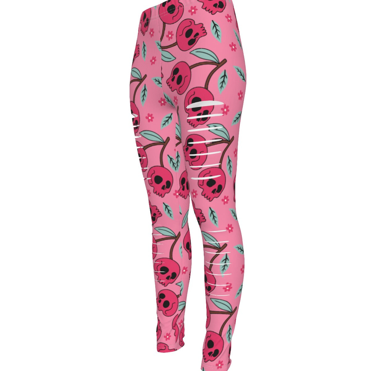 Pink Cherry Skulls Ripped Leggings