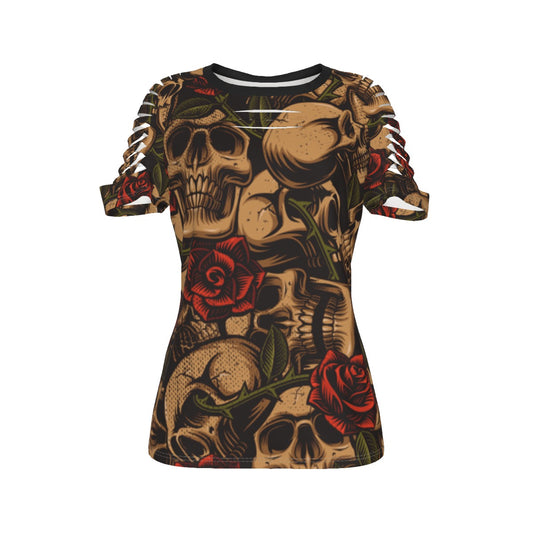 Bronze Skulls And Roses Ripped T-Shirt