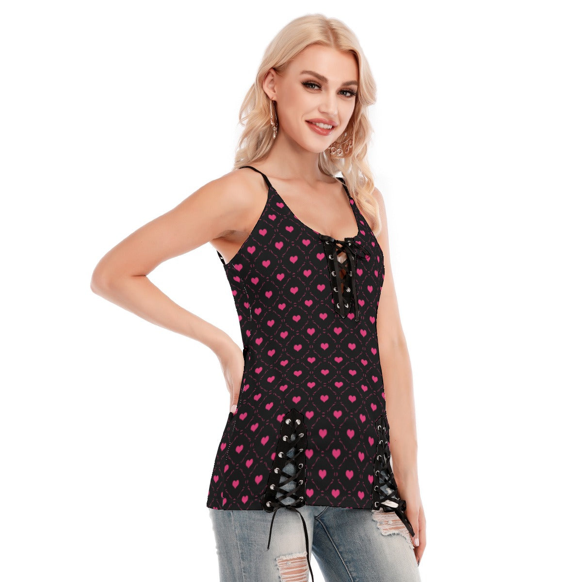 Pink Hearts V-neck Eyelet Lace-up Cami Top