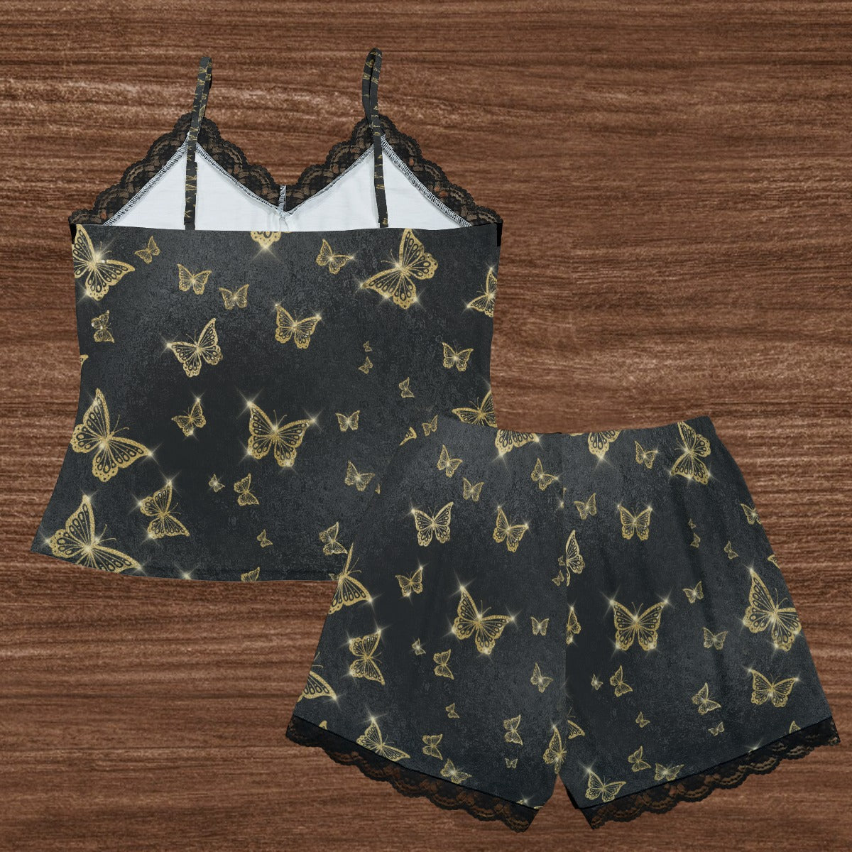 Golden Butterflies Cami Home Suit With Lace Edge