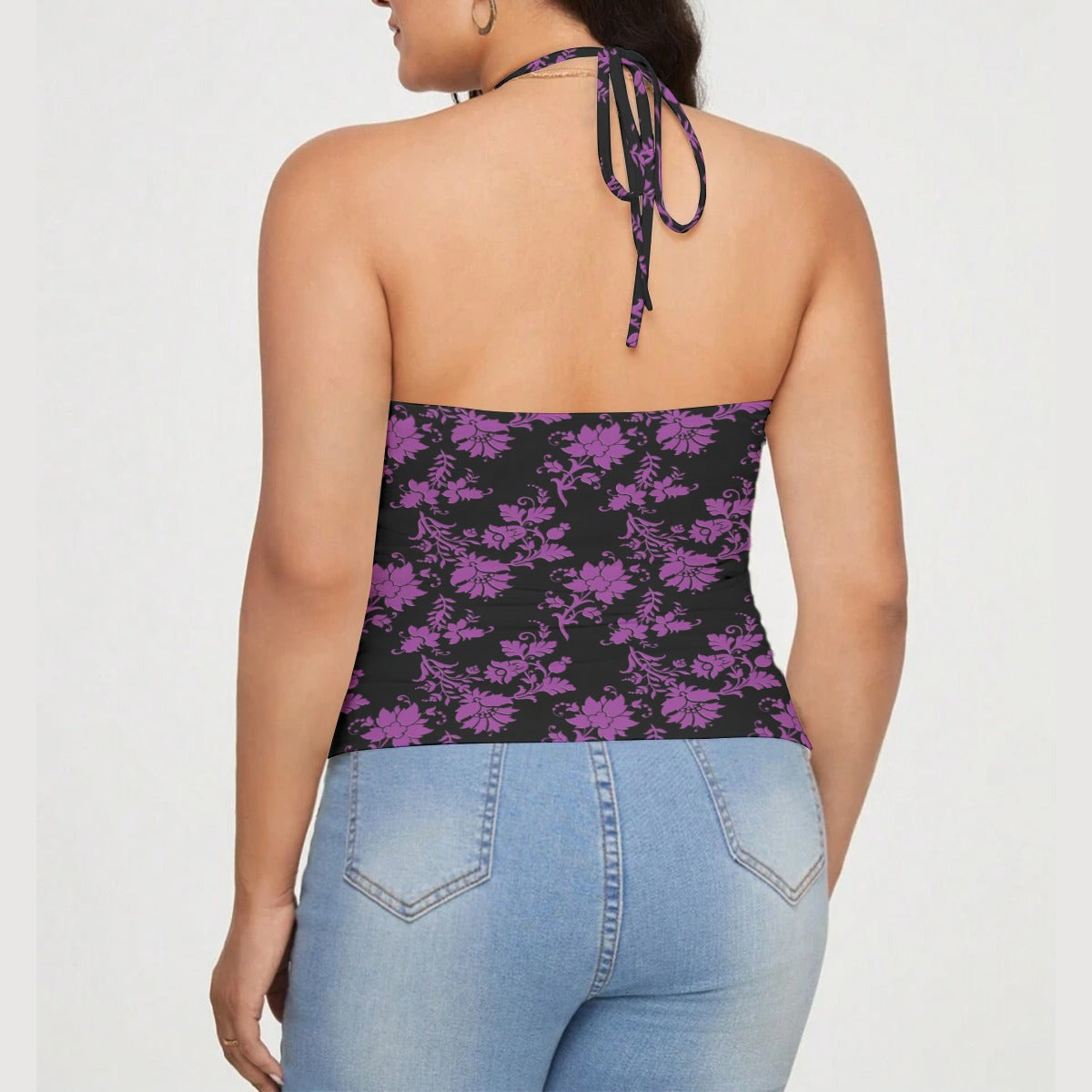 Purple Flowers Lace-Trimmed Tie-Back Top