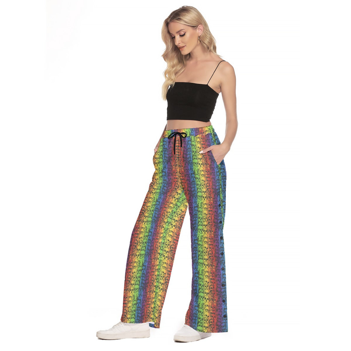 Rainbow Skulls Side Slit Snap Button Pants