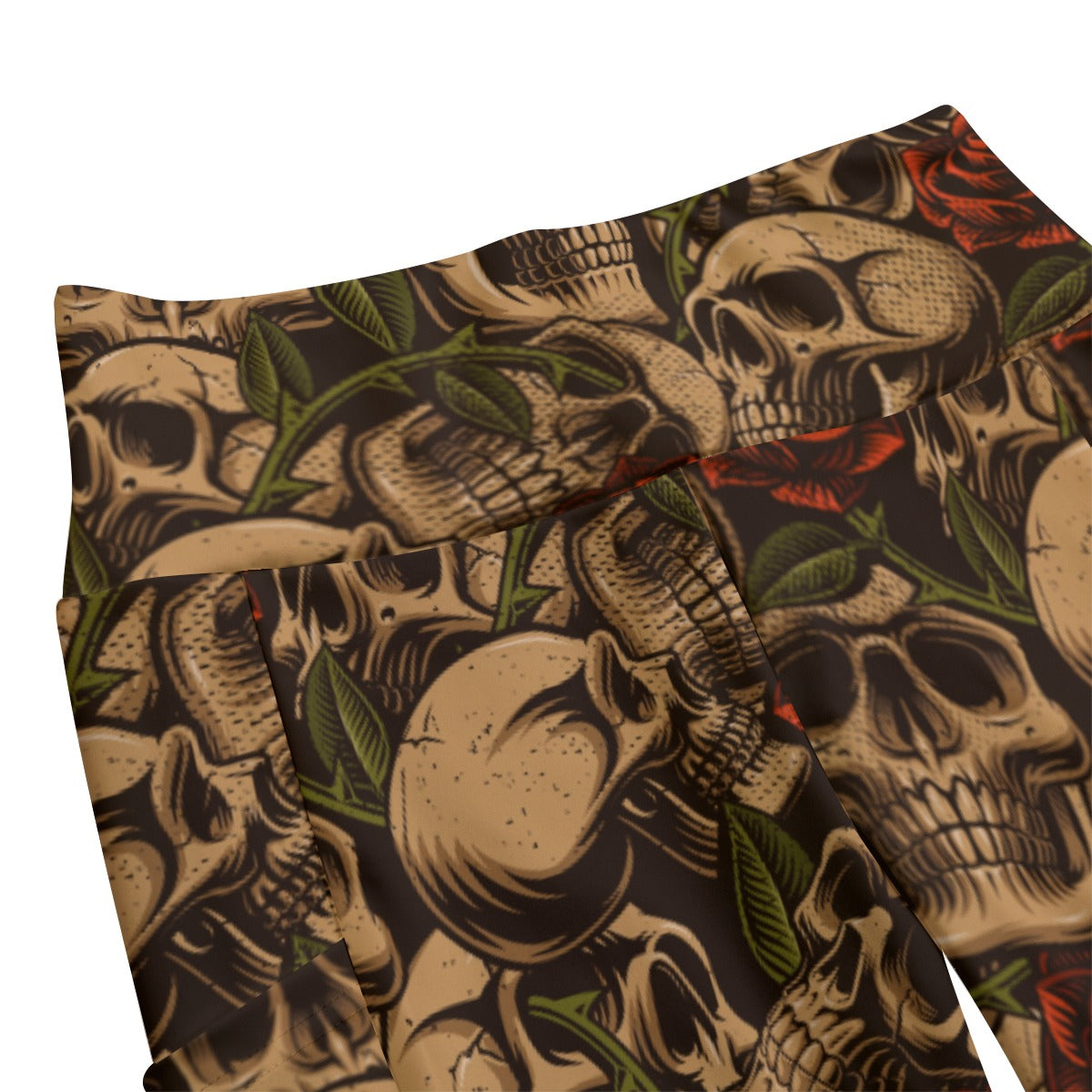 Bronze Skulls And Roses High Waist Leggings With Side Pocket