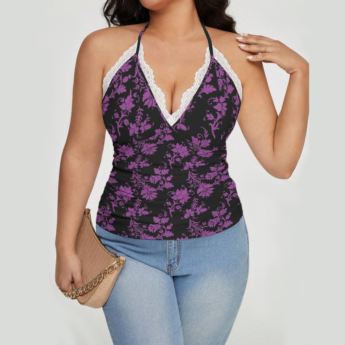 Purple Flowers Lace-Trimmed Tie-Back Top