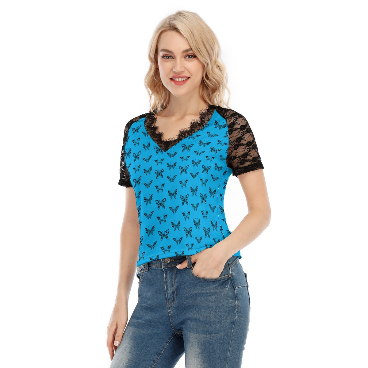 Ink Butterflies V-neck T-shirt With Lace
