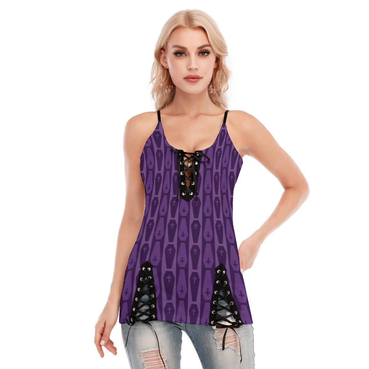 Purple Coffins V-neck Eyelet Lace-up Cami Top