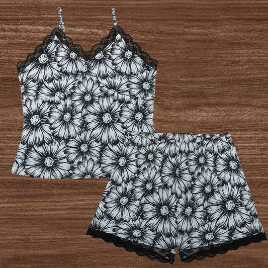 Black Sunflowers Cami Home Suit With Lace Edge