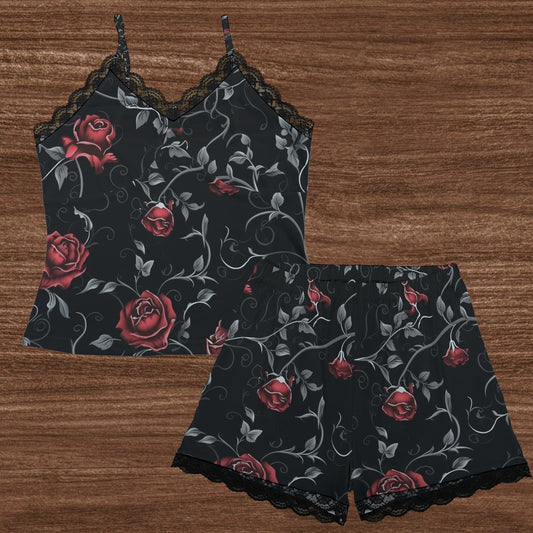 Wilting Rose Cami Home Suit With Lace Edge