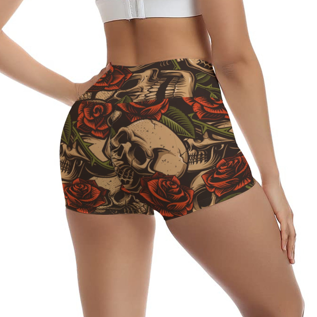 Bronze Skulls And Roses Ultra-Short Yoga Shorts