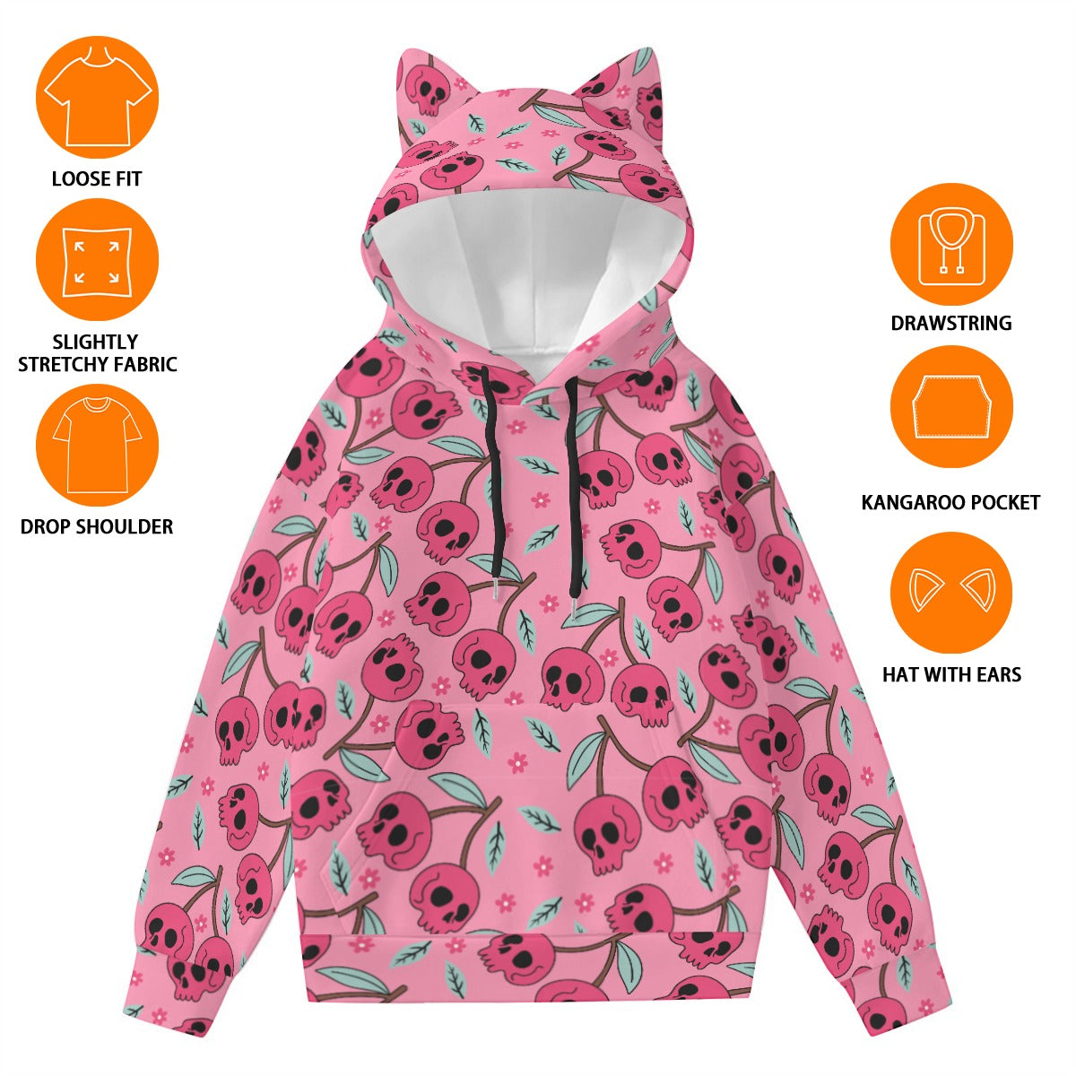 Cherry Skulls Hoodie With Cat Ears