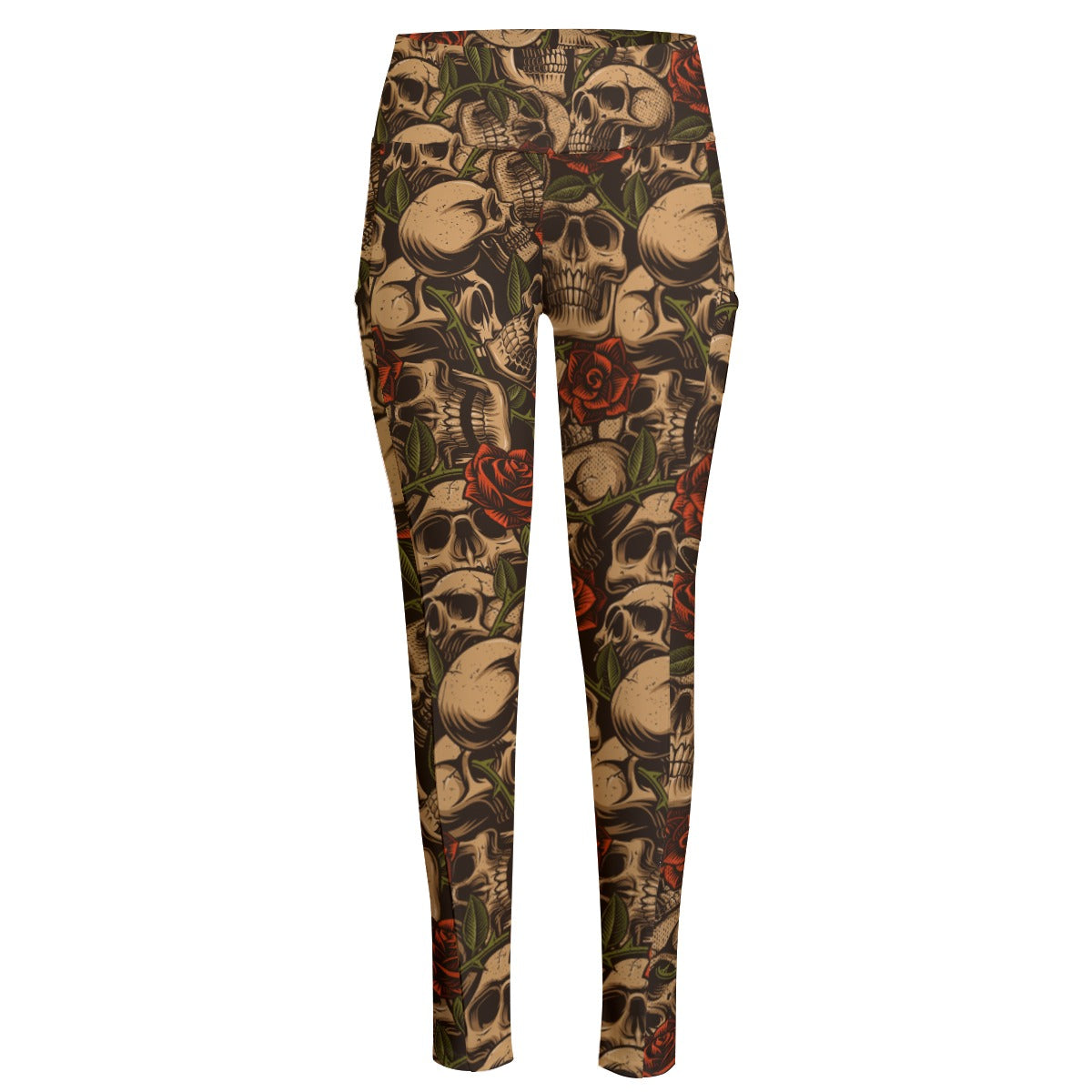 Bronze Skulls And Roses High Waist Leggings With Side Pocket