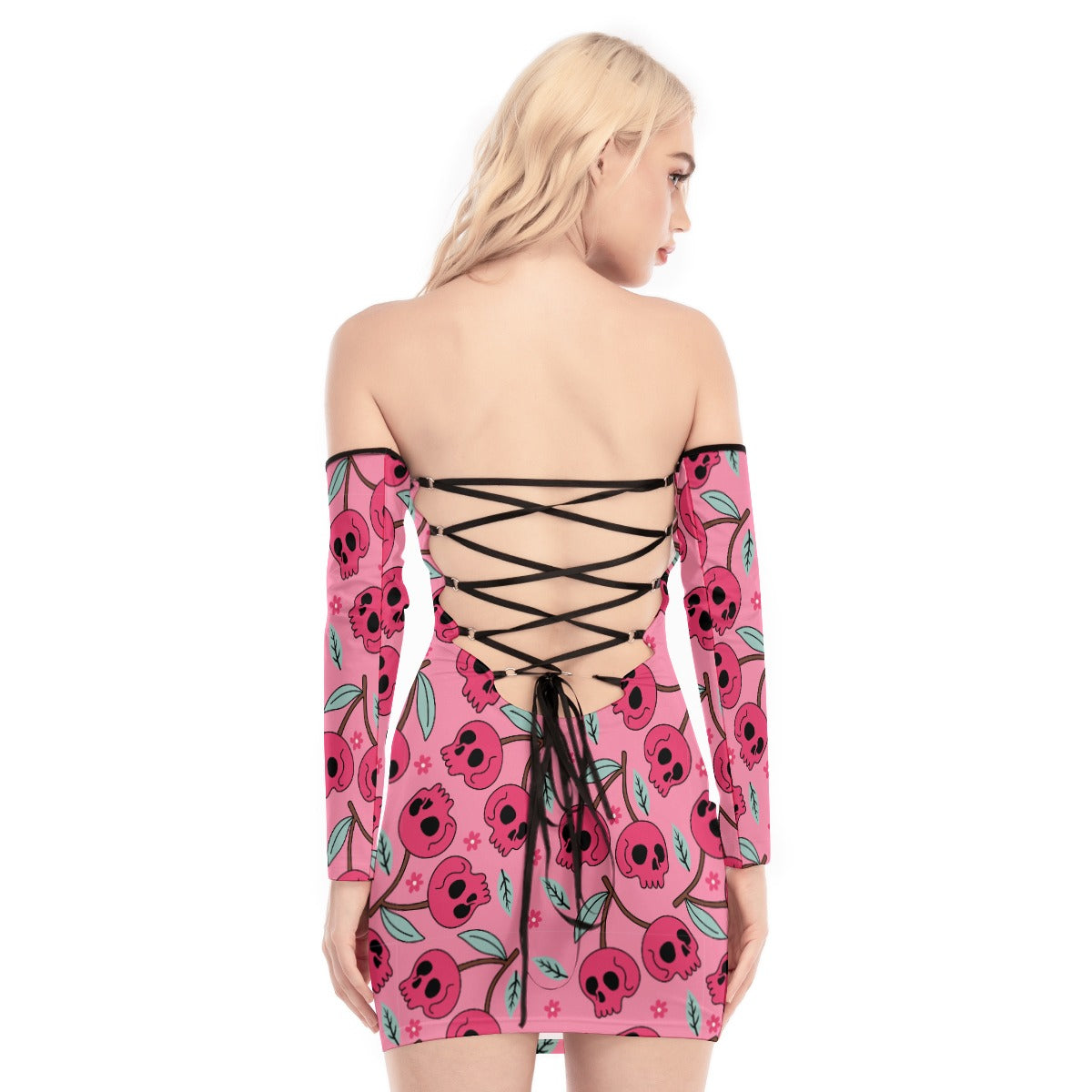 Pink Cherry Skulls Off-shoulder Back Lace-up Dress