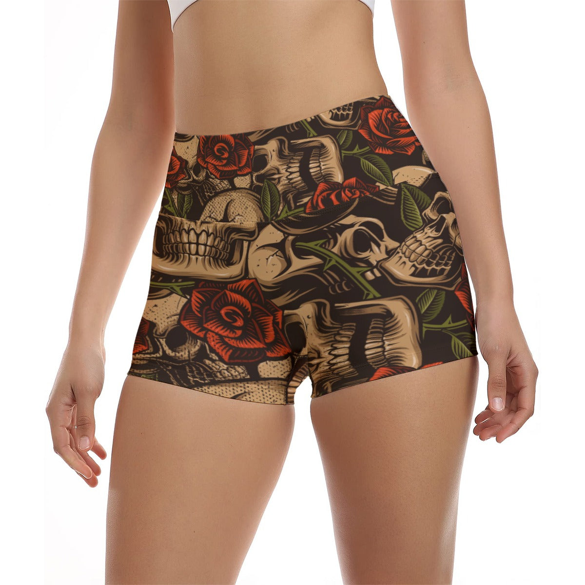 Bronze Skulls And Roses Ultra-Short Yoga Shorts