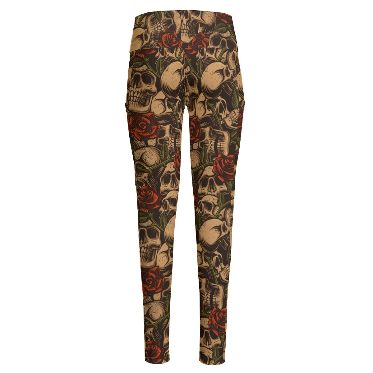 Bronze Skulls And Roses High Waist Leggings With Side Pocket