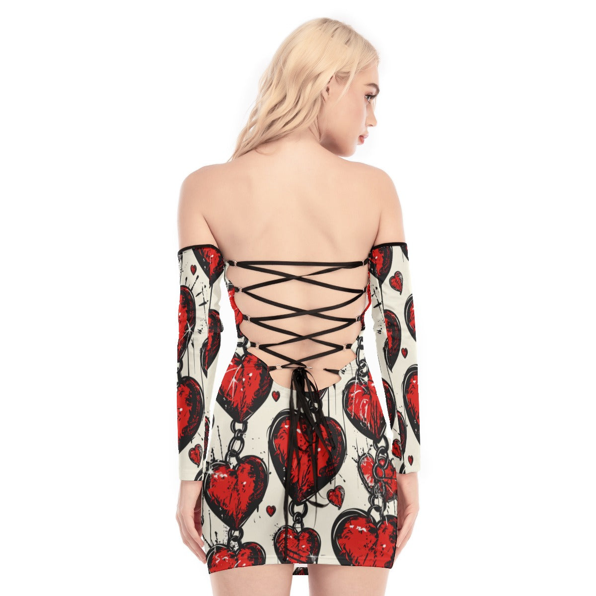 Chained Hearts Off-shoulder Back Lace-up Dress