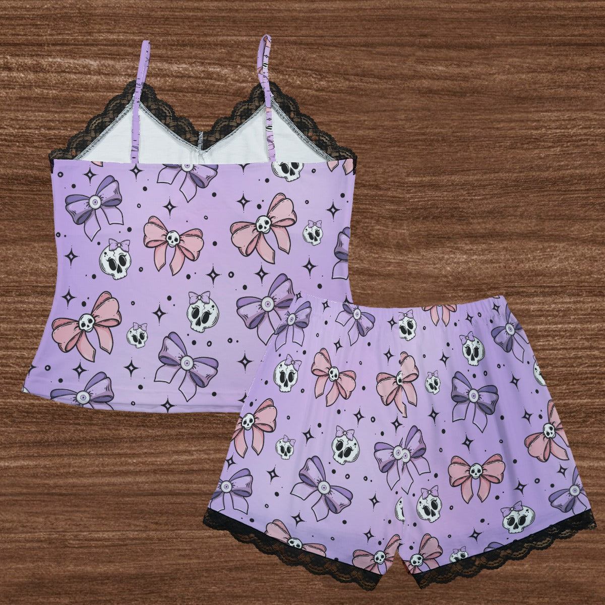 Skulls And Bows Cami Home Suit With Lace Edge