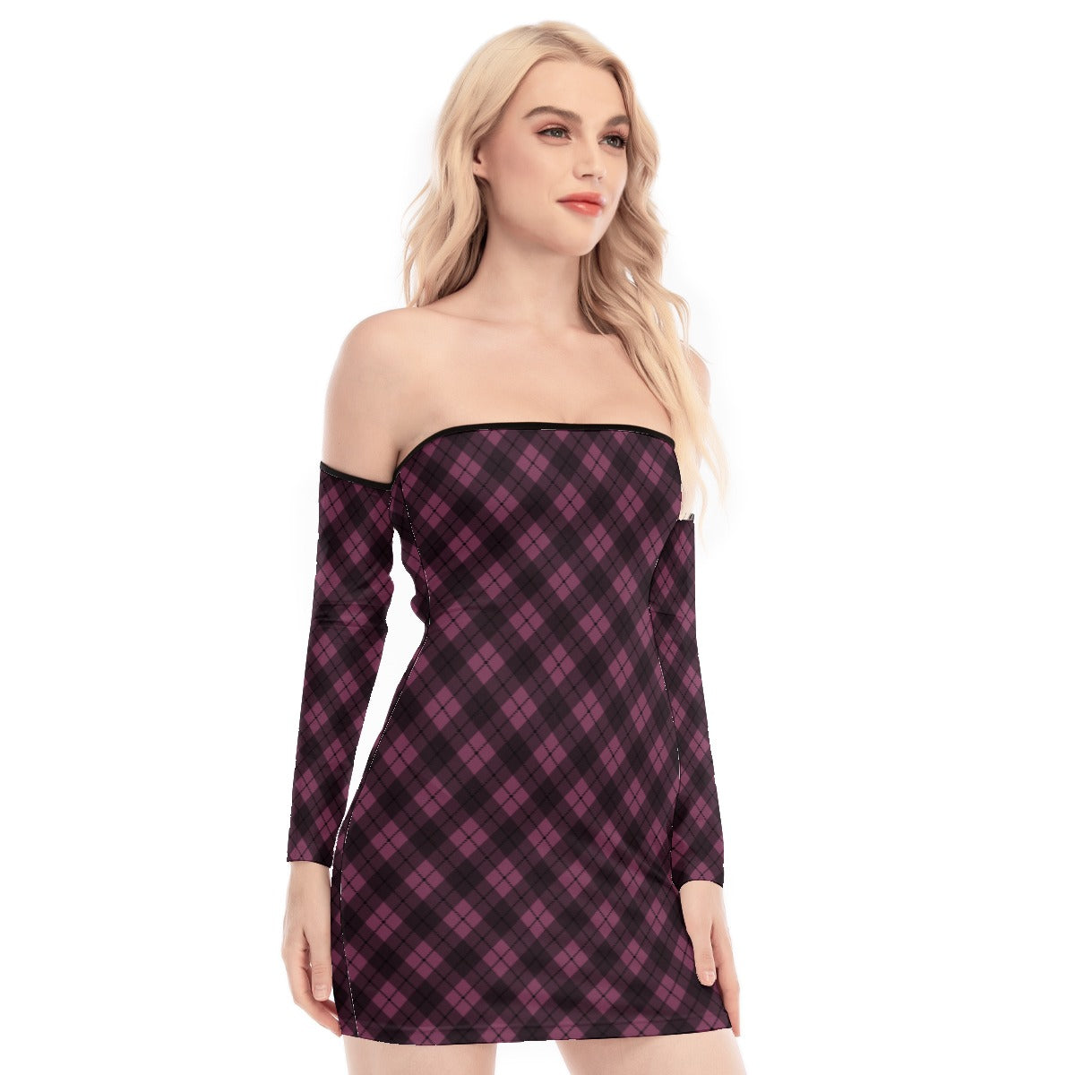 Berry Pattern Off-shoulder Back Lace-up Dress