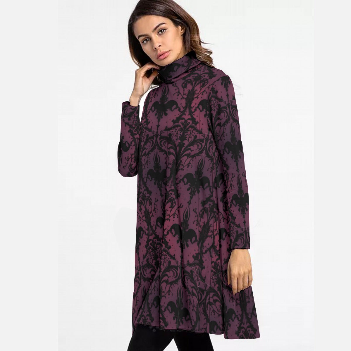 Gothic Purple And Black High Neck Dress With Long Sleeve