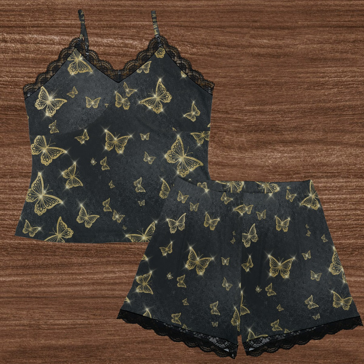 Golden Butterflies Cami Home Suit With Lace Edge