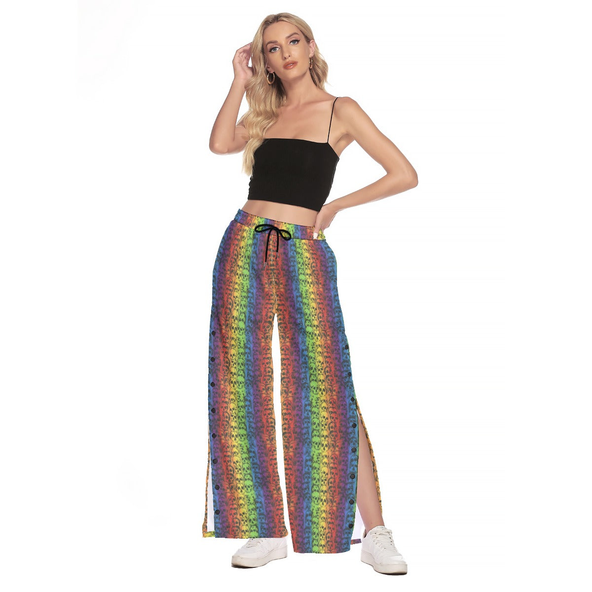 Rainbow Skulls Side Slit Snap Button Pants