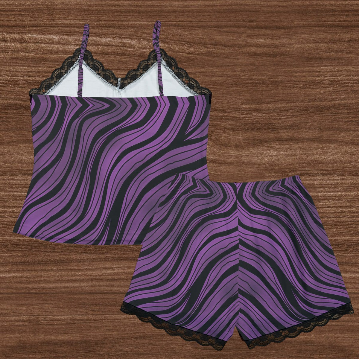 Purple And Black Stripes Cami Home Suit With Lace Edge